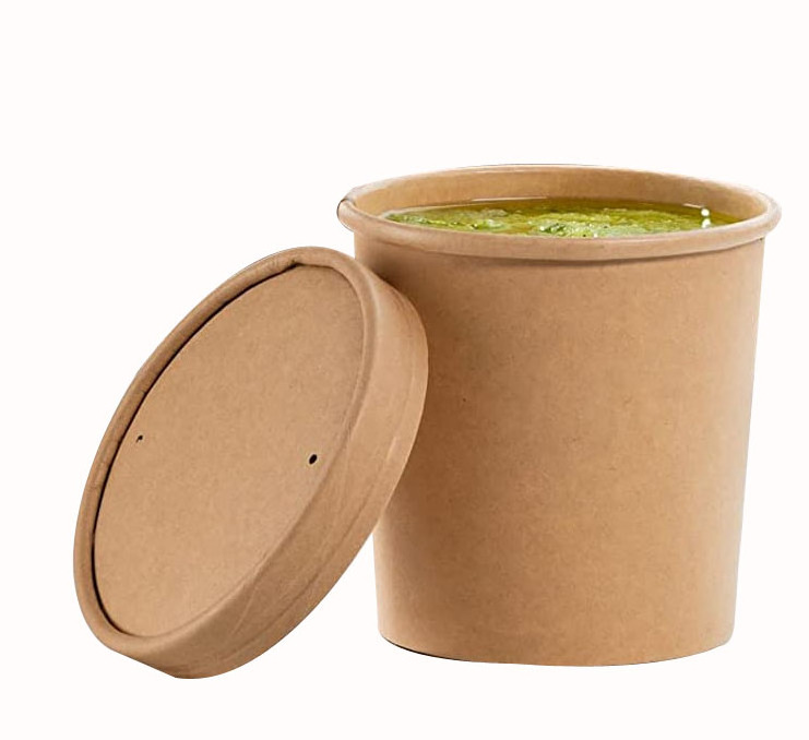 32 oz Kraft Compostable Paper Food Cup with Vented Lid Brown Rolled Rim Storage Bucket Hot or Cold Dish paper food packaging