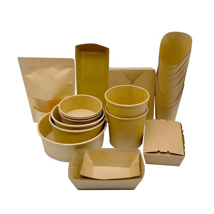 32 oz Kraft Compostable Paper Food Cup with Vented Lid Brown Rolled Rim Storage Bucket Hot or Cold Dish paper food packaging