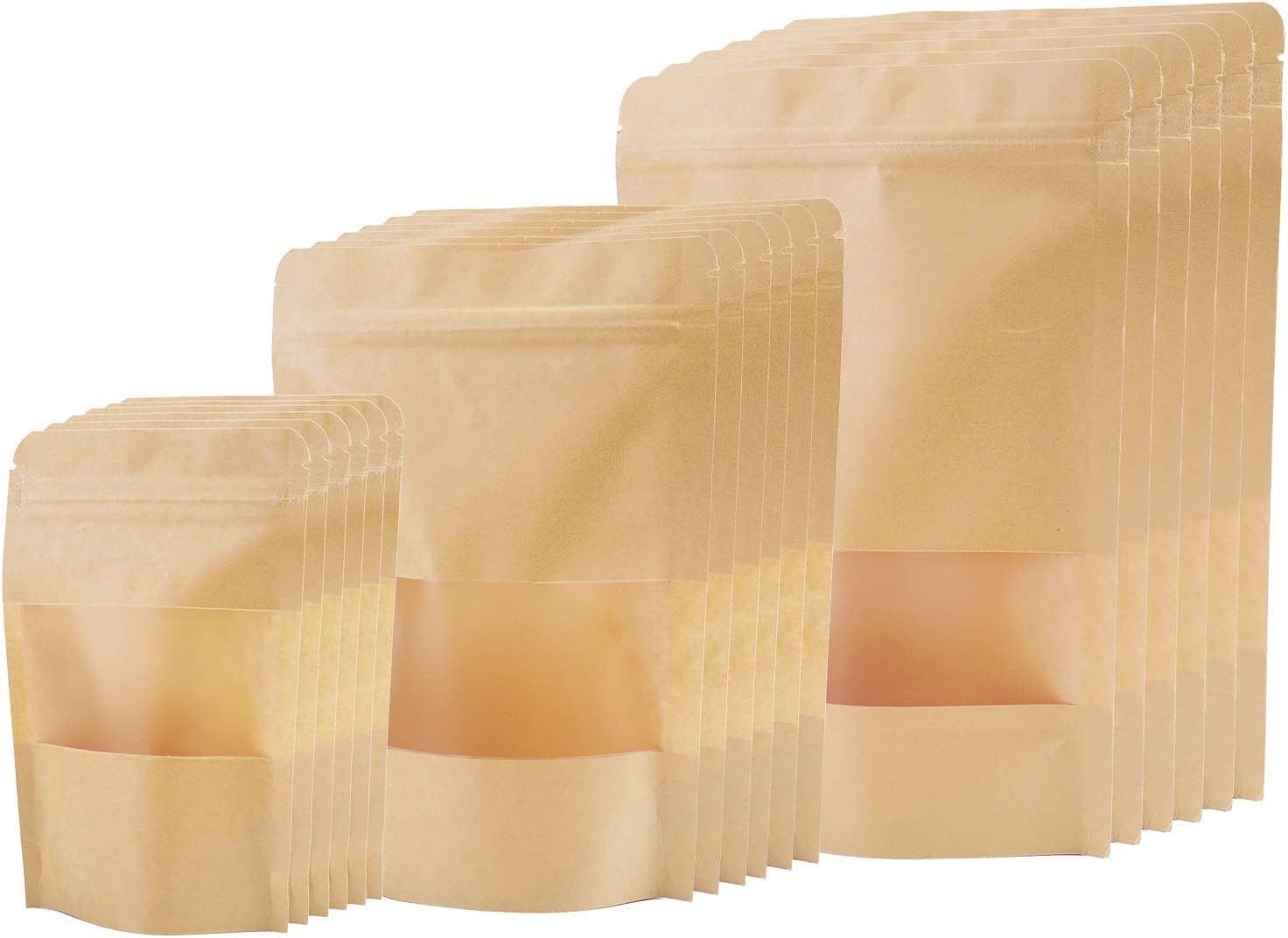 Kraft Paper Bags with Resealable Lock Seal Zipper &Transparent Window Stand Up Food Bags