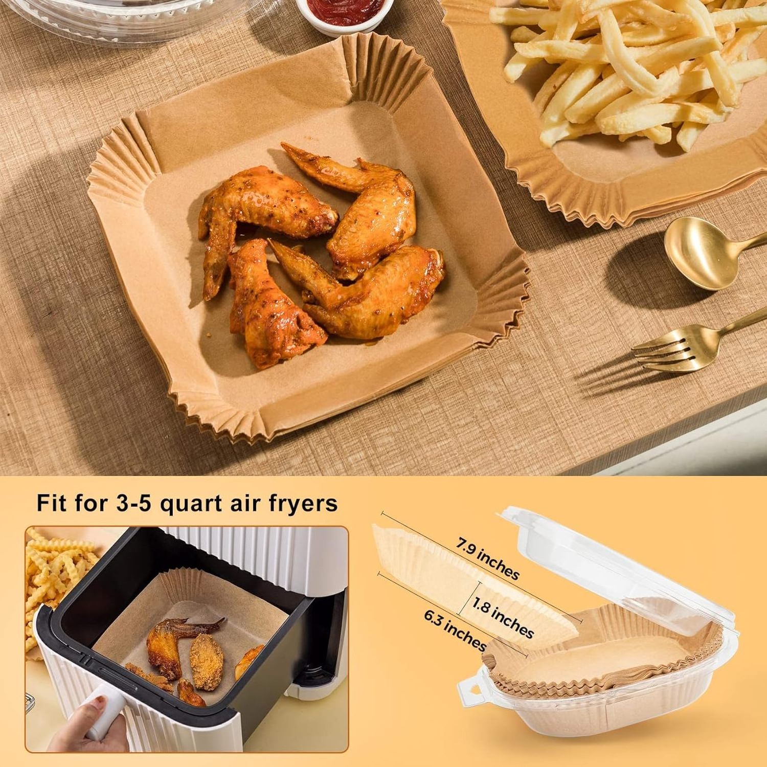 100PCS 6.5 Inch Square Paper Liners for Air Fryer, Grease and Water Proof Non Stick Basket Parchment Paper