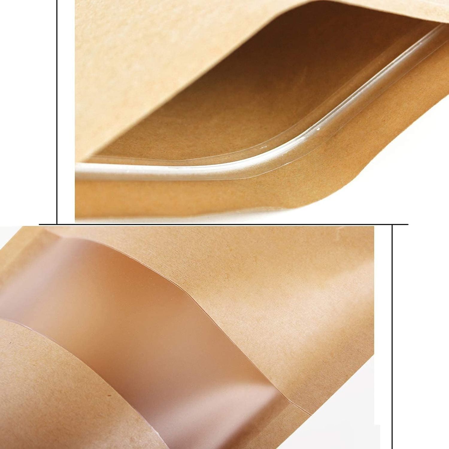 Kraft Paper Bags with Resealable Lock Seal Zipper &Transparent Window Stand Up Food Bags