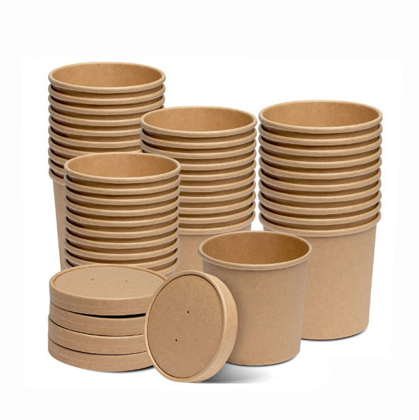 32 oz Kraft Compostable Paper Food Cup with Vented Lid Brown Rolled Rim Storage Bucket Hot or Cold Dish paper food packaging