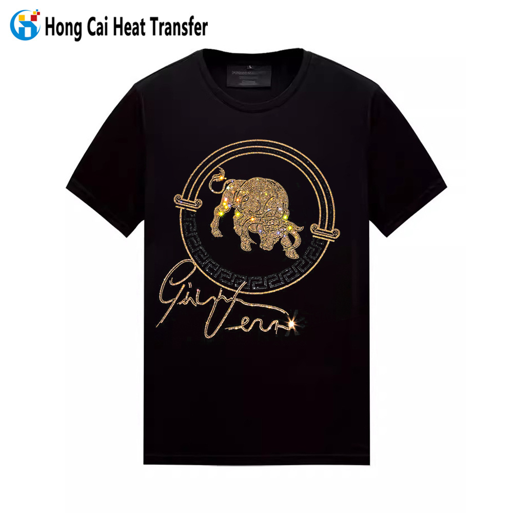 Hongcai custom rhinestone heat transfer blank t shirt bling skull design rhinestone pattern t shirt