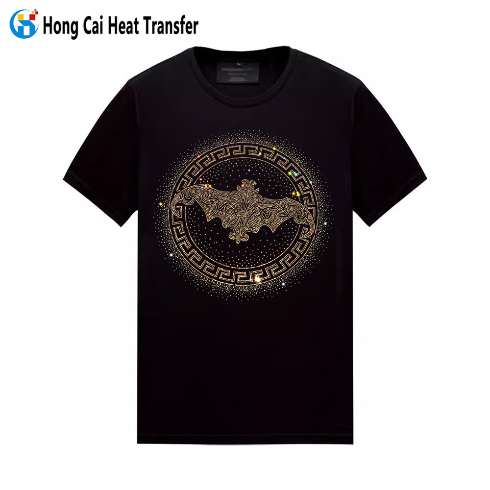 Hongcai custom rhinestone heat transfer blank t shirt bling skull design rhinestone pattern t shirt