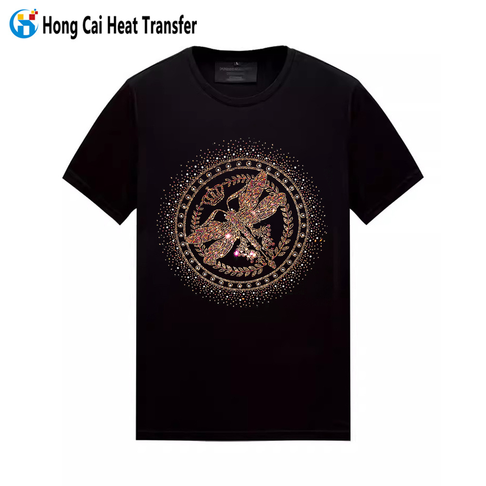 Hongcai custom rhinestone heat transfer blank t shirt bling skull design rhinestone pattern t shirt