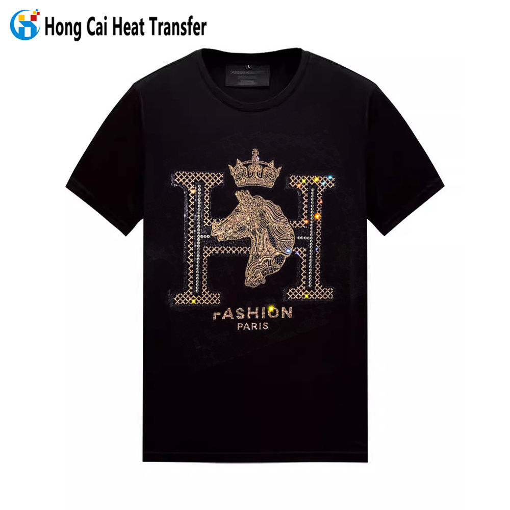 Hongcai custom rhinestone heat transfer blank t shirt bling skull design rhinestone pattern t shirt