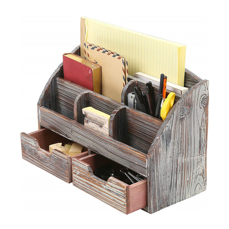 Office 6 compartment 2 drawer supplies brown wood rack desk organizer