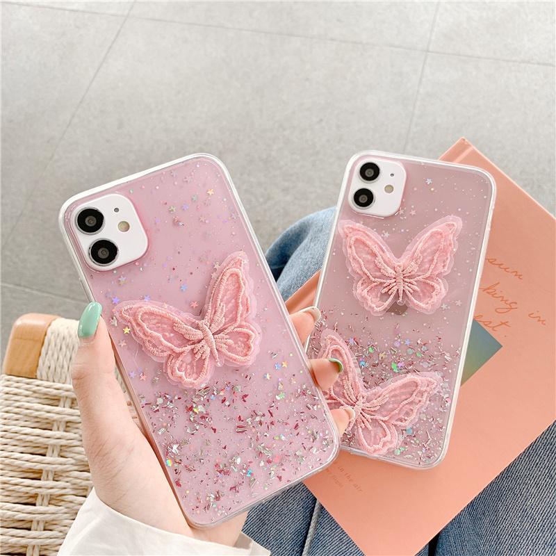 HOCAYU Lace Butterfly Phone Case For iPhone 12 11 Pro Max Mini XR XS Max Fashion Pink Glitter Back Cover Conque