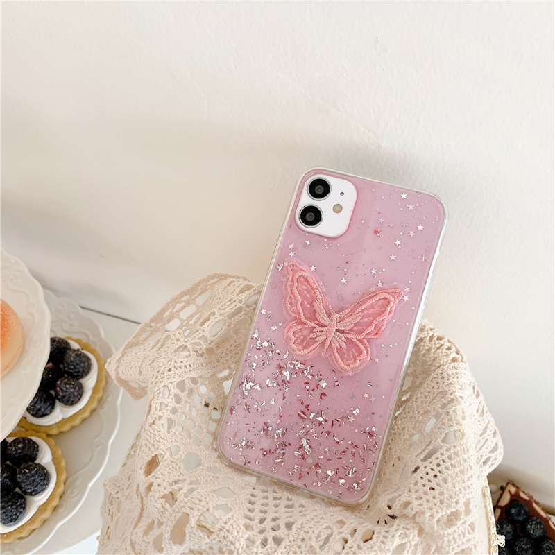 HOCAYU Lace Butterfly Phone Case For iPhone 12 11 Pro Max Mini XR XS Max Fashion Pink Glitter Back Cover Conque