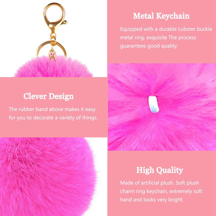 Whole Sale Bulk Large Big 8cm Pink Fluffy Puff Faux Fur Ball Pom Pom Keychain