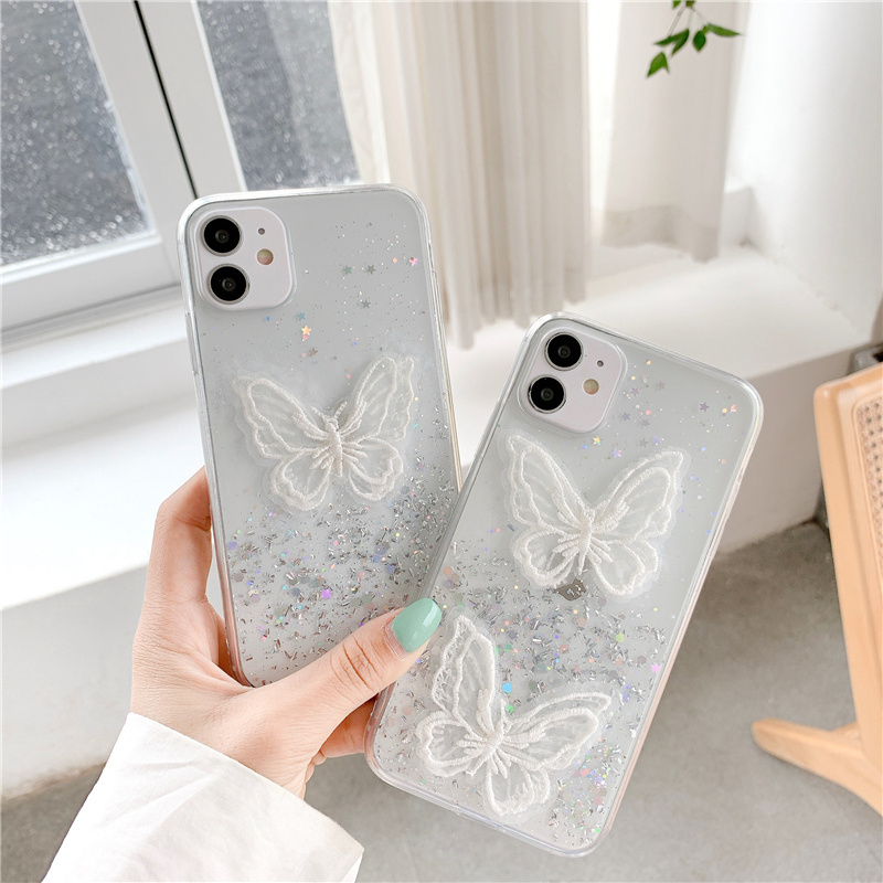 HOCAYU Lace Butterfly Phone Case For iPhone 12 11 Pro Max Mini XR XS Max Fashion Pink Glitter Back Cover Conque