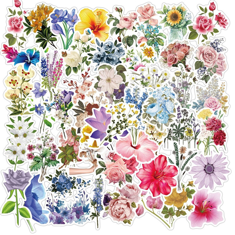 50pcs Waterproof Vinyl Nature Flower Sticker For Scrapbook Planner Laptop Skateboard Water Bottles Computer Phone