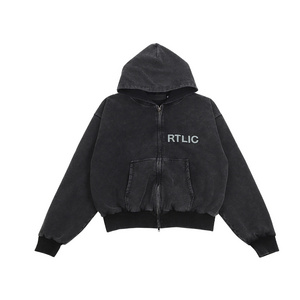 Boxy Cropped Fleece Cotton Full Zip Up Hoodie Puff Print Custom Manufacturer Acid Washed Hoodies