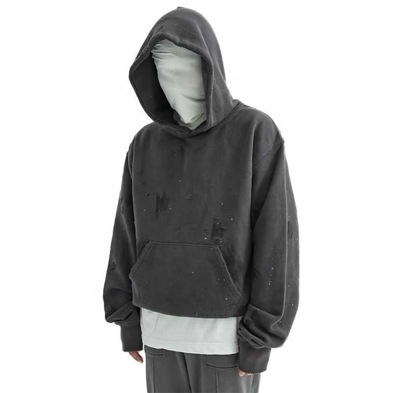 Wholesale OEM mens vintage custom blank hoody sweatshirts distressed grey hoodie