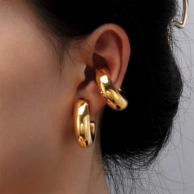 Joker 18K Gold Plated Stainless Steel Big Hoop Earrings Minimal Thick Hollow Statement Ear Cuff for Women