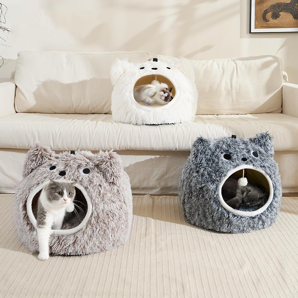 Plush Fluffy Hooded Anti-Anxiety Cozy Cuddler Luxury Anti-Slip Bottom Cat Beds