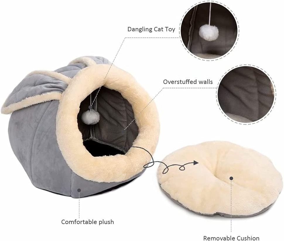 Cat Beds for Indoor Cats - Small Dog Bed with Anti-Slip Bottom, Rabbit-Shaped Cat/Small Dog Cave with Hanging Toy, Puppy Bed