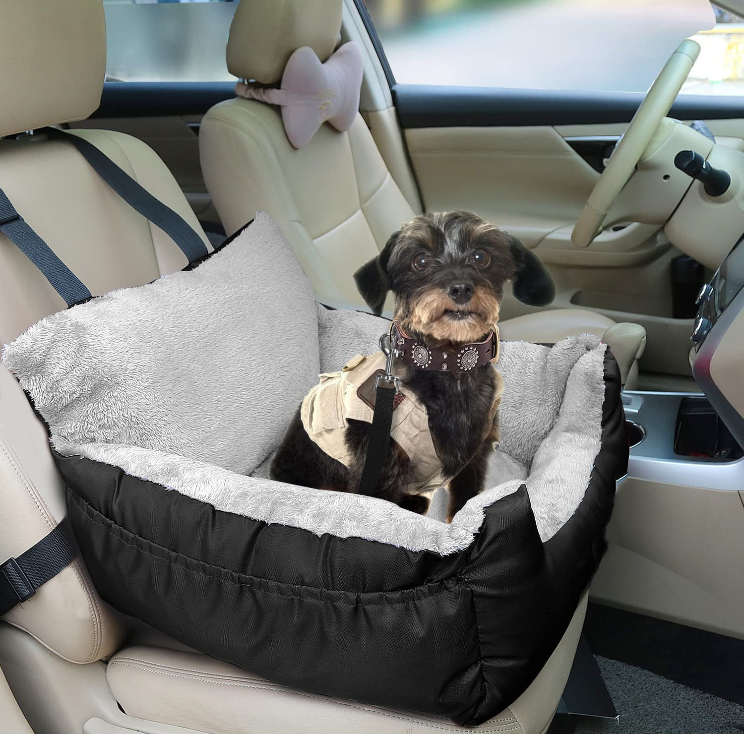 Dog Car Seat for Small Dogs, Pet Booster Seat Travel Dog Car Bed with Storage Pocket and Clip-On Safety Leash