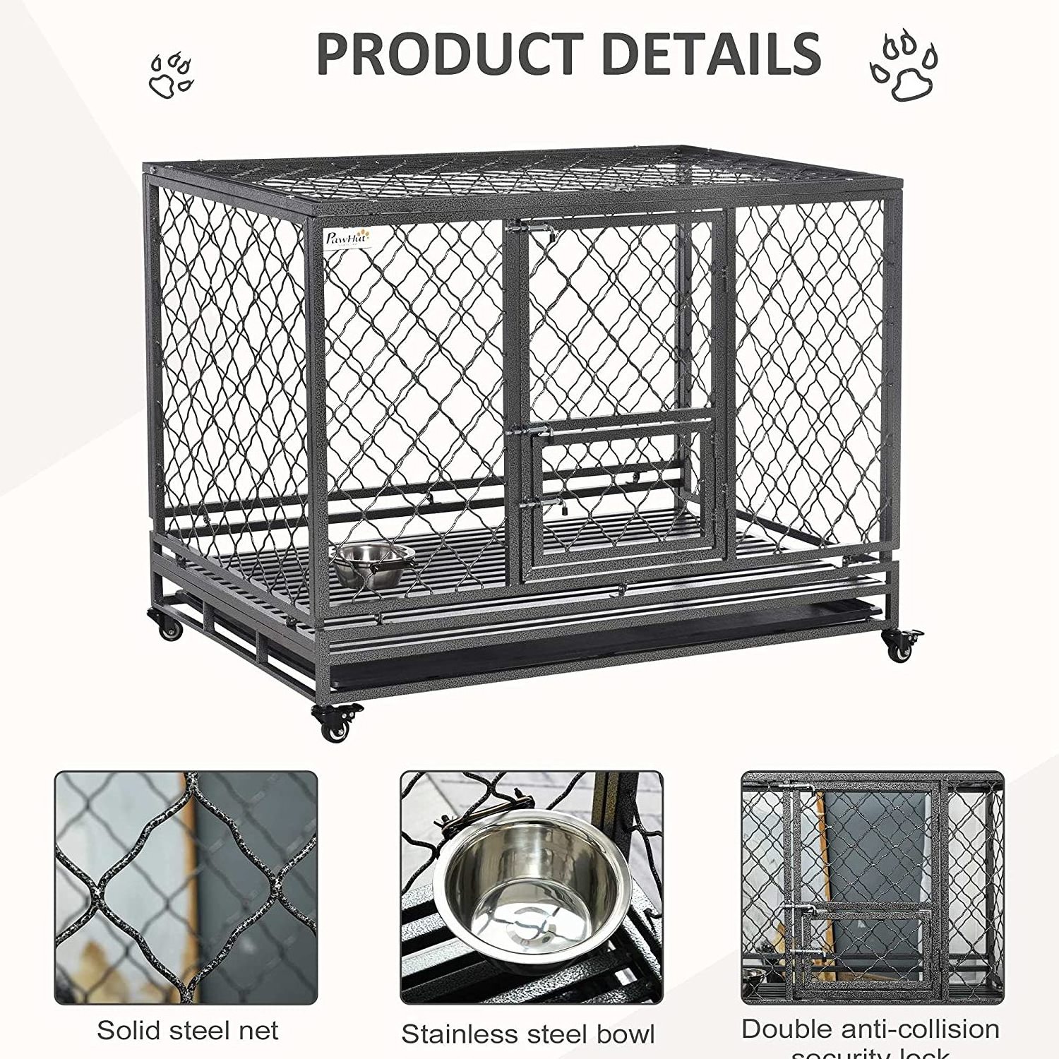 Removable Tray Wheels Lockable Dog Crate Cage Door Indoor