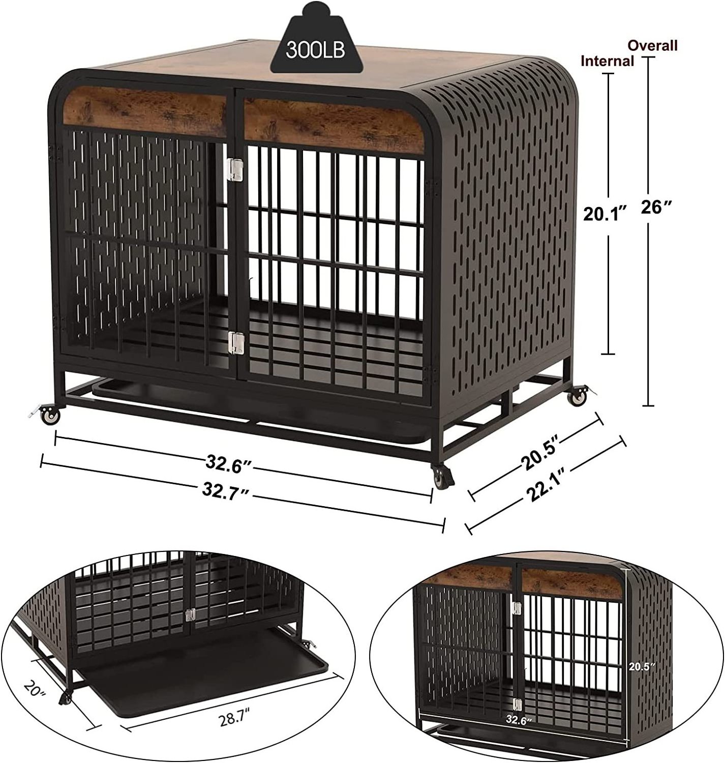 Removable Tray and Lockable Wheel Metal Dog Kennel Playpen Crate Indestructible