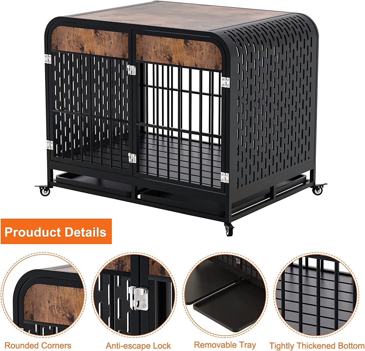 Removable Tray and Lockable Wheel Metal Dog Kennel Playpen Crate Indestructible