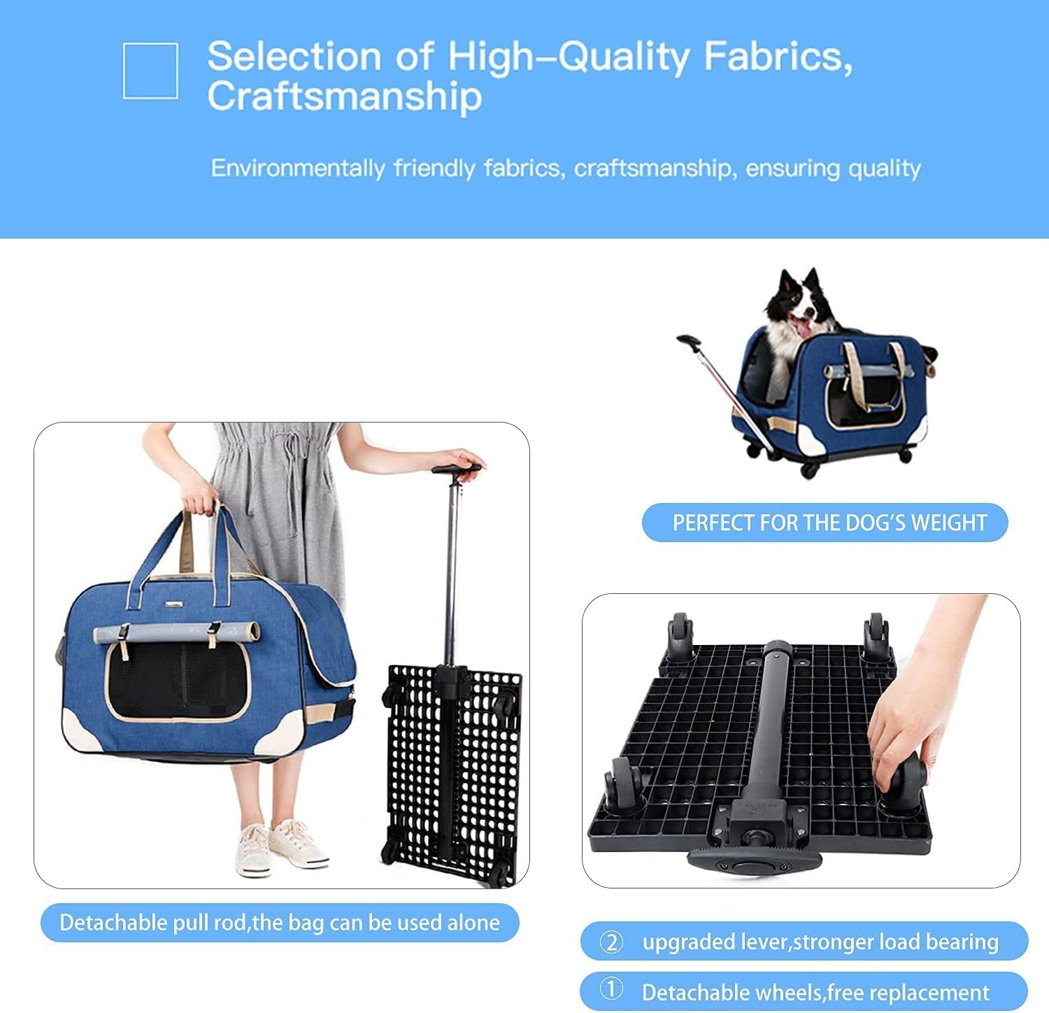 Pet Rolling Carrier with Detachable Wheels Collapsible and Breathable for Car Seat Travel