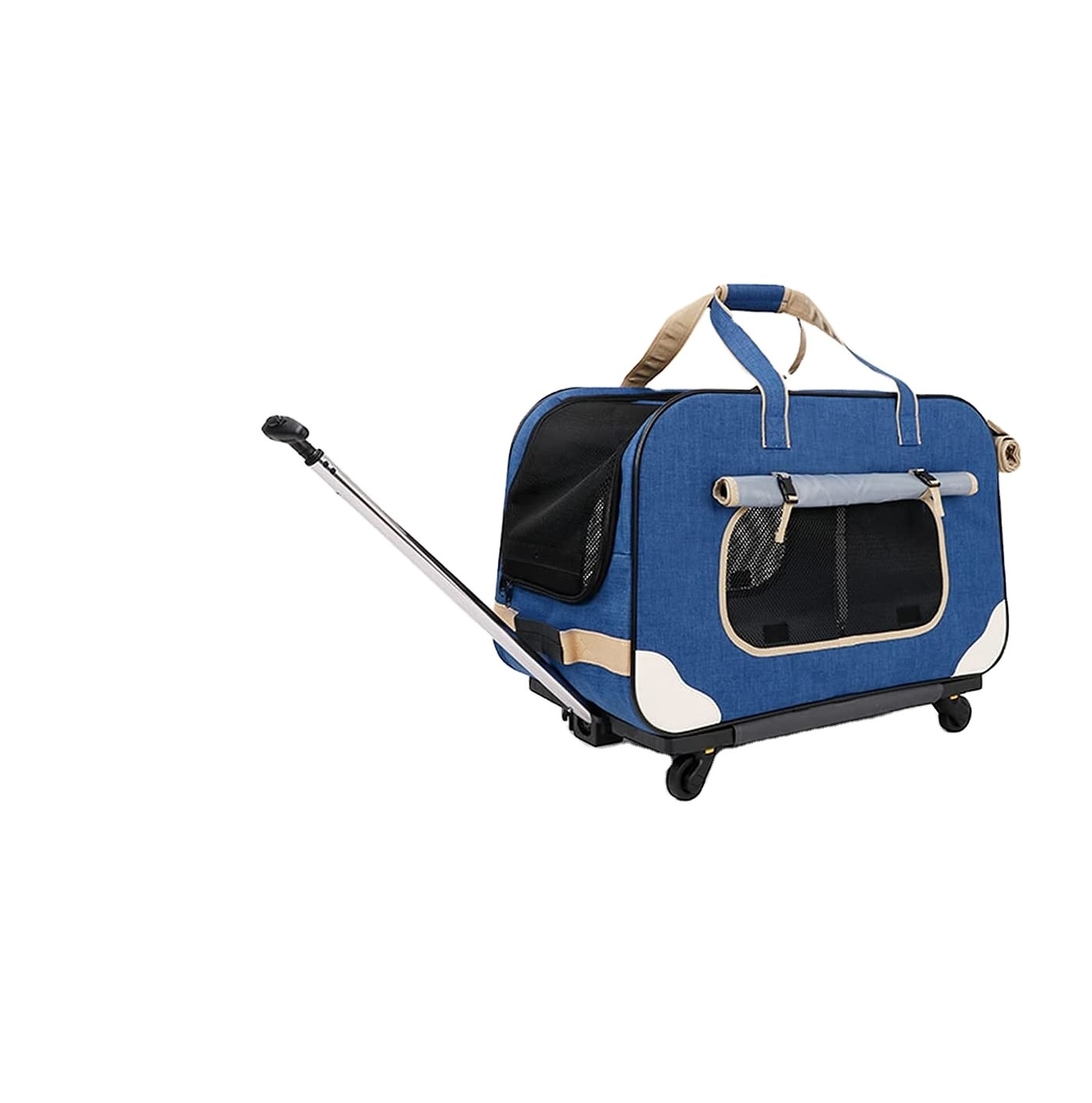 Pet Rolling Carrier with Detachable Wheels Collapsible and Breathable for Car Seat Travel