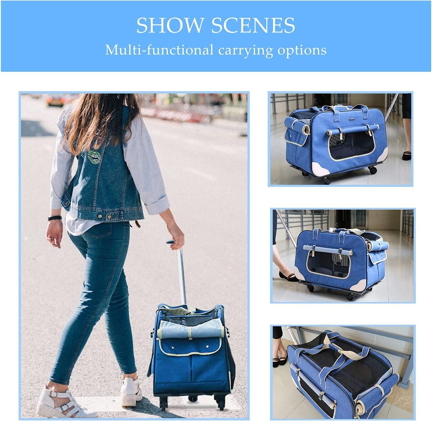 Pet Rolling Carrier with Detachable Wheels Collapsible and Breathable for Car Seat Travel