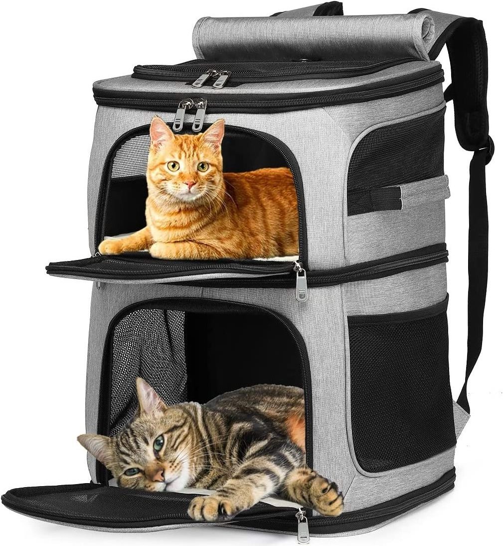 Double Pet Carrier Backpack Double-Compartment Pet Cat Carrier Travel for 2 Small Cats or Dogs