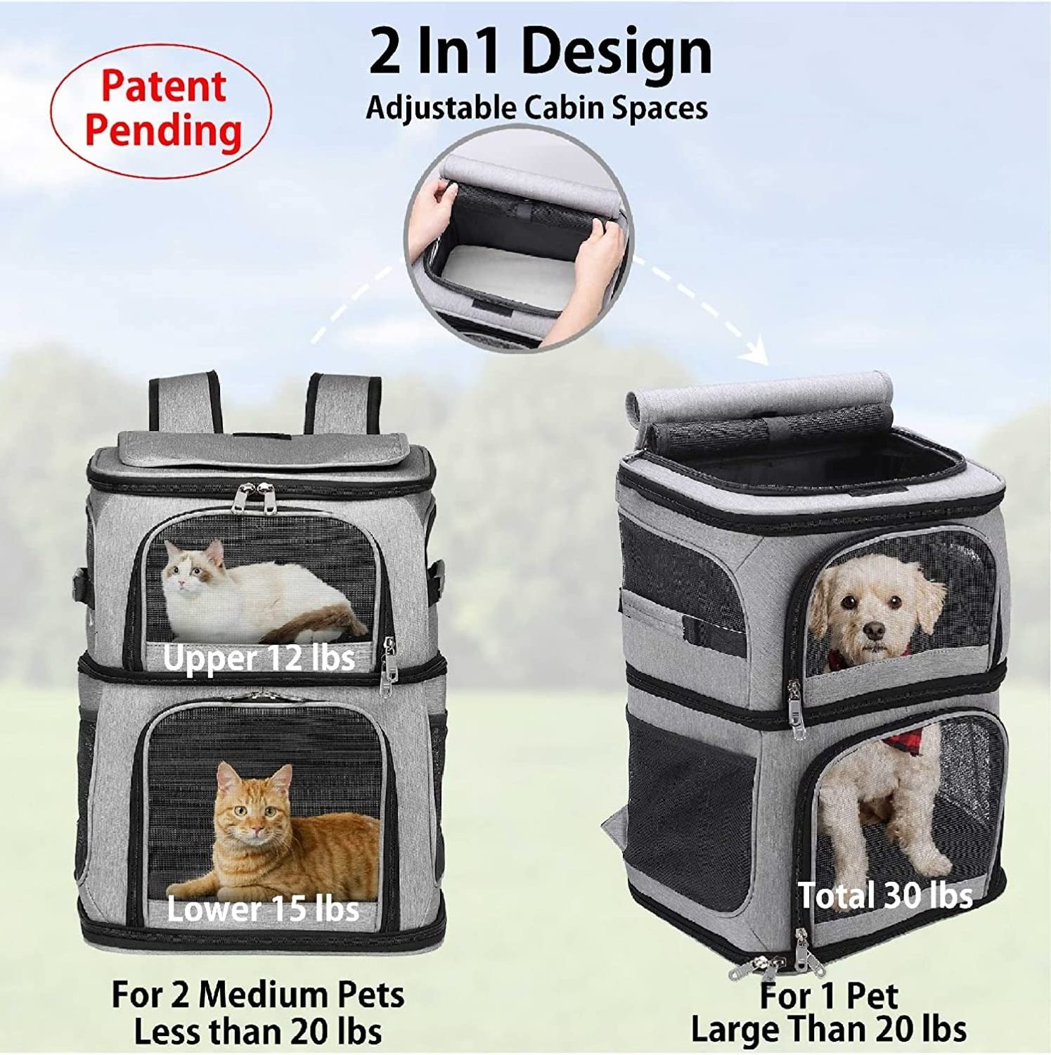 Double Pet Carrier Backpack Double-Compartment Pet Cat Carrier Travel for 2 Small Cats or Dogs