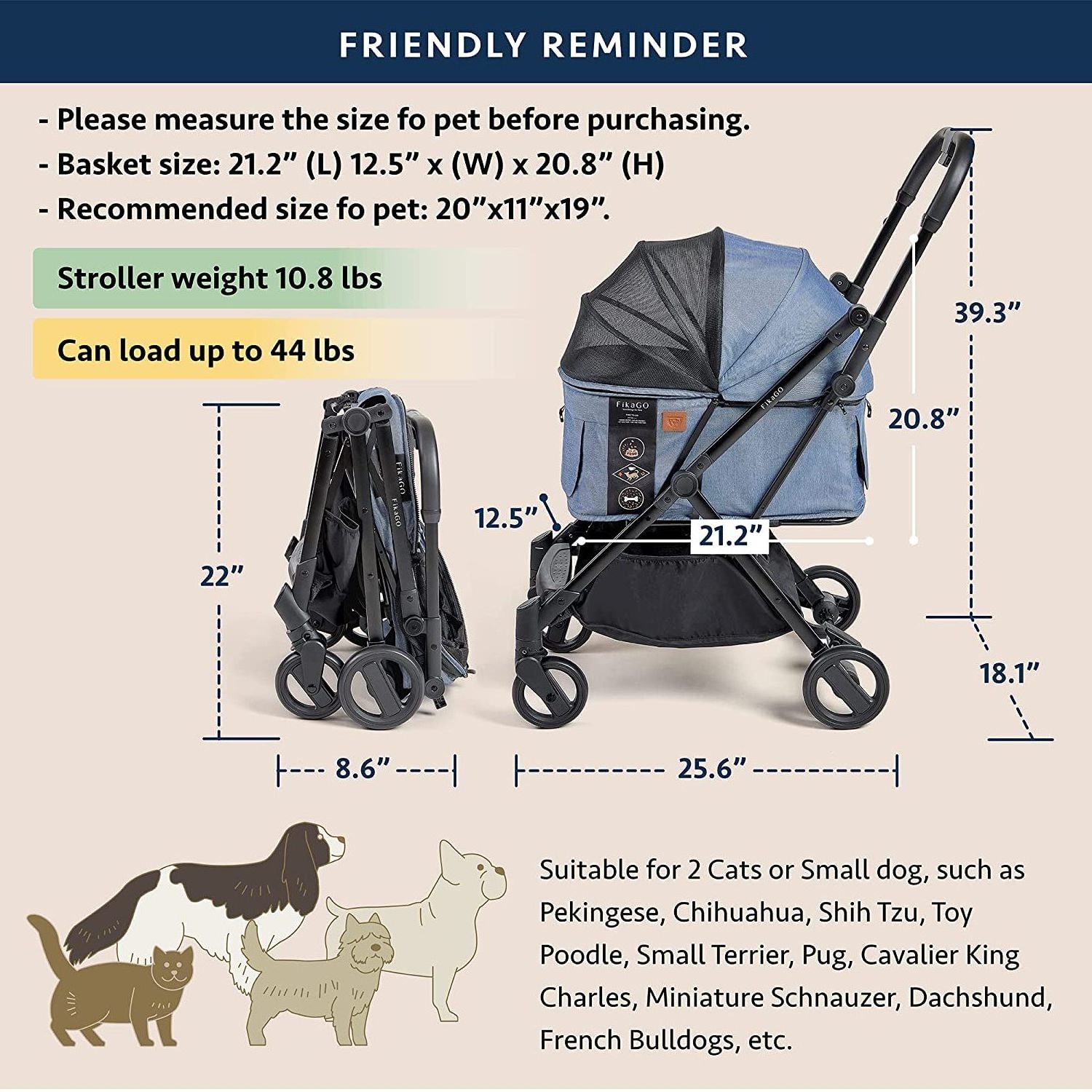 Pet Stroller Lightweight Fast Folding Dog Stroller Carriage Portable Cat Carrier or Dog Crate for Travel Gear