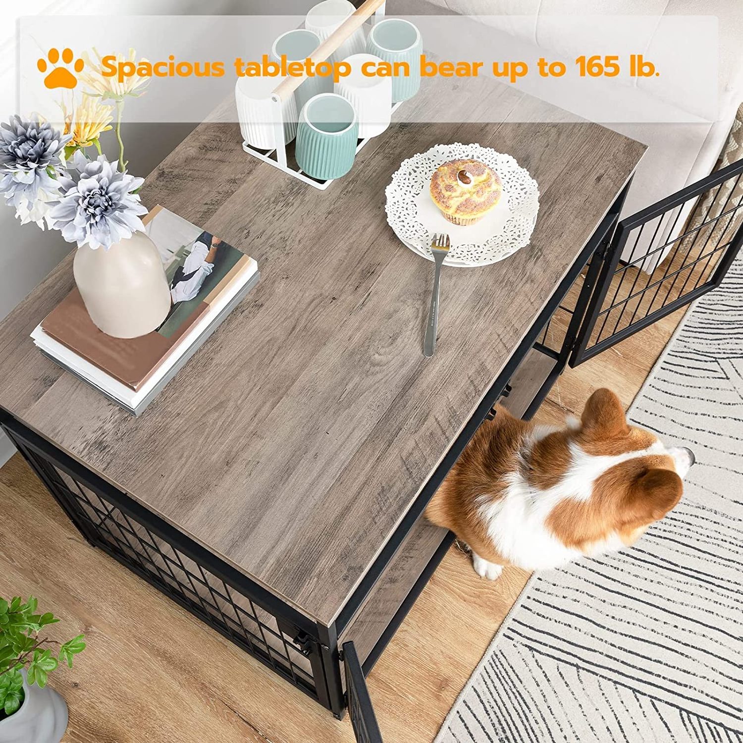 Dog Crate Furniture, Wooden Dog Crate End Side Table, Dog Kennels with 3 Doors Indoor, Decorative Style Mesh Pet Crate for Large