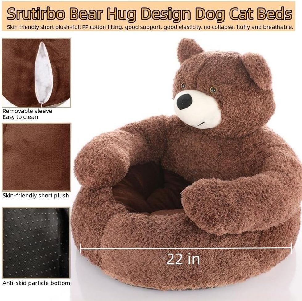 Calming Cute Bear Hug Design Dog Cat Beds Plush Pet Beds Cuddler Non-Slip Bottom