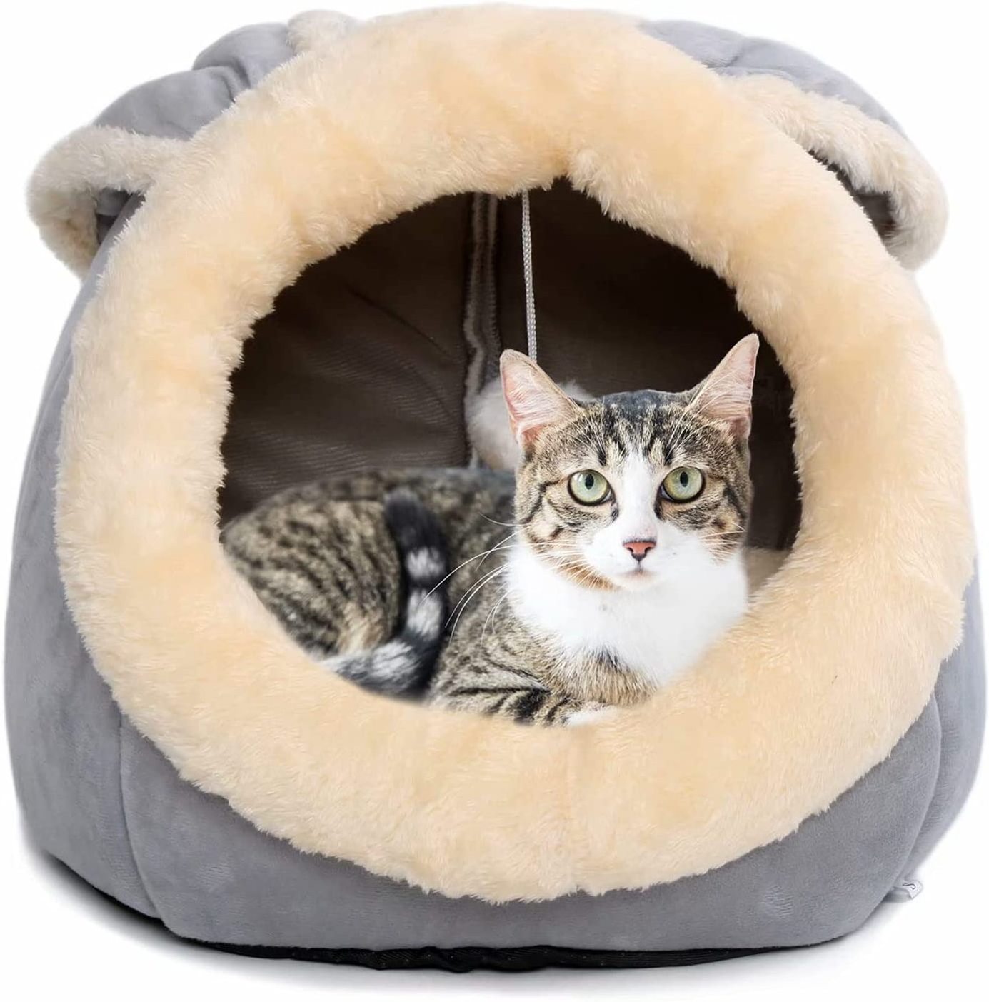 Cat Beds for Indoor Cats - Small Dog Bed with Anti-Slip Bottom, Rabbit-Shaped Cat/Small Dog Cave with Hanging Toy, Puppy Bed