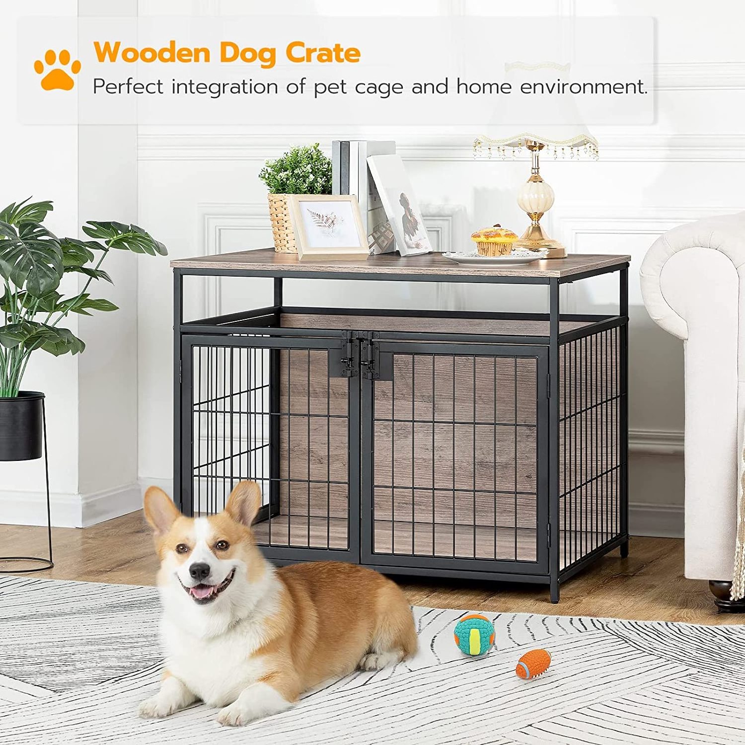 Dog Crate Furniture, Wooden Dog Crate End Side Table, Dog Kennels with 3 Doors Indoor, Decorative Style Mesh Pet Crate for Large