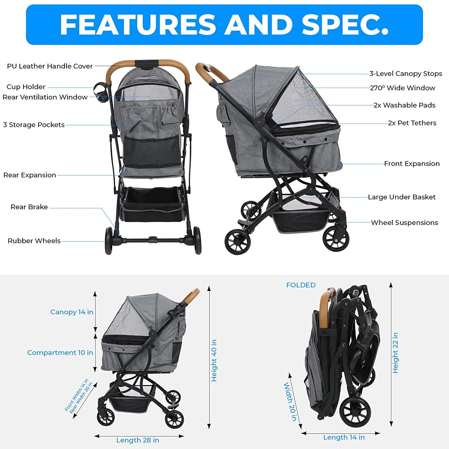 Travel Carrier Pet Stroller Easy One Click Folding Pull Behind Compact Design - Soft Ride Animal Wagon with Storage Pockets