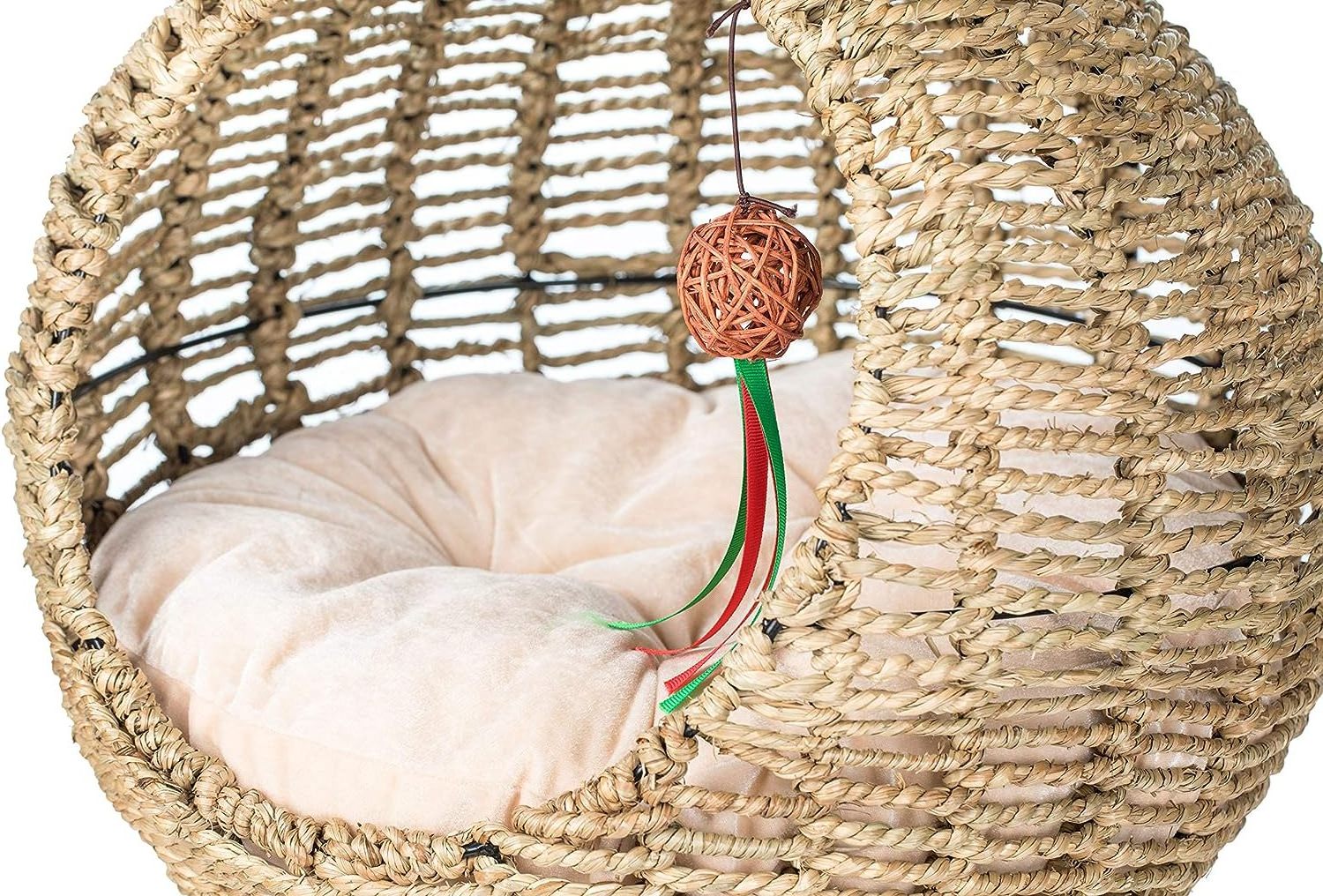 Hand Made Wicker Cat Bed Basket Swinging Pet House Nest for Small Dog Cat with Cushion