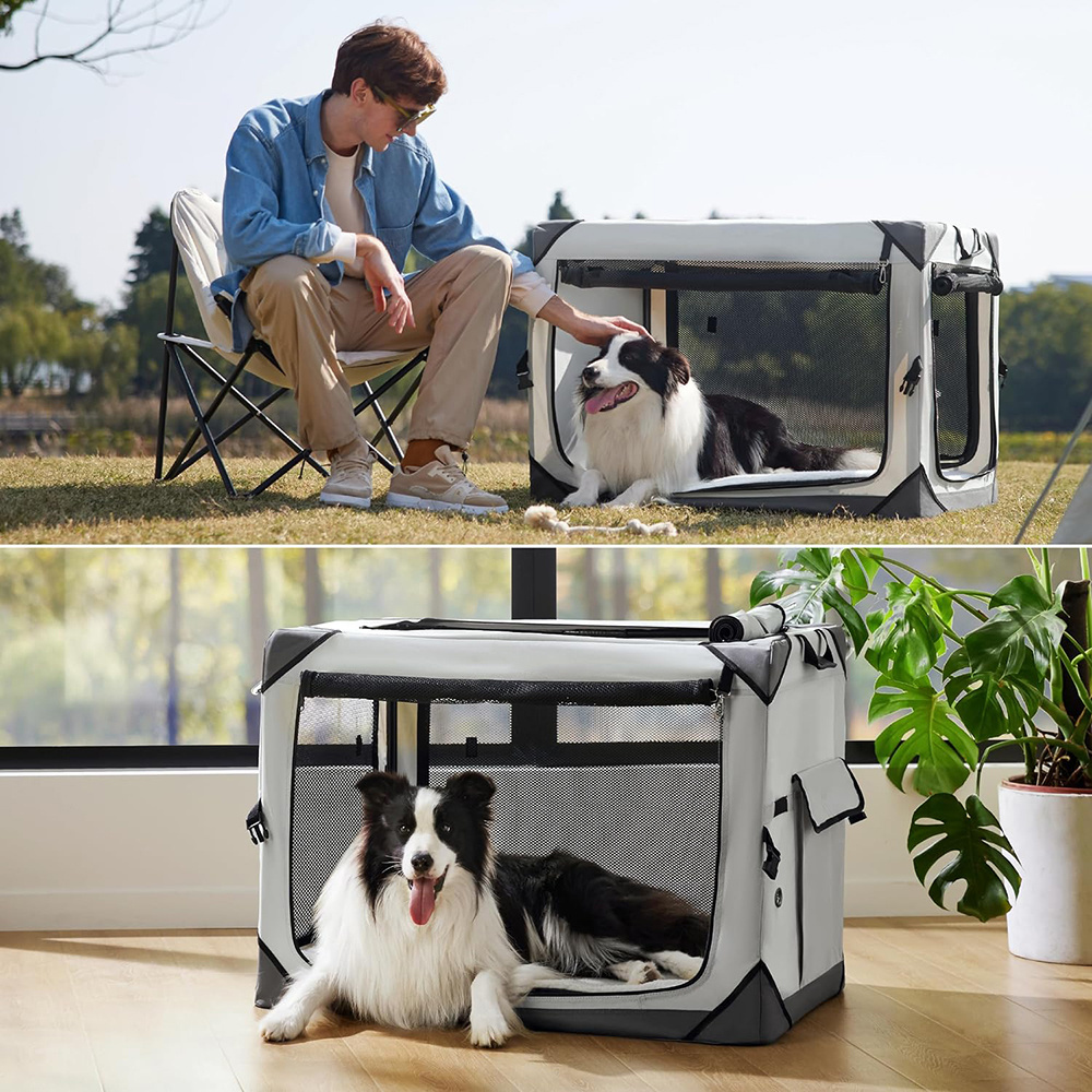 Collapsible 4-Door Pet Crate with Durable Mesh Windows Portable Dog Travel Crate Kennel