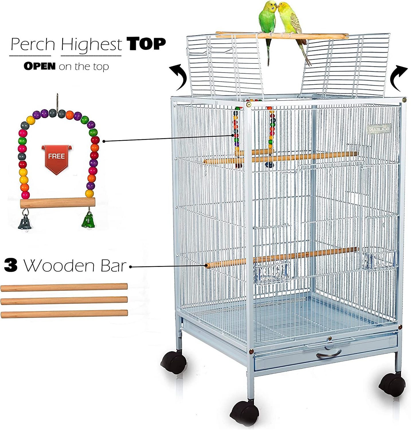 Wrought Iron Bird Cage 30 Inch with Rolling Stand Play Top and Bird Swing for Parrots Conure Lovebird Cockatiel Parakeets