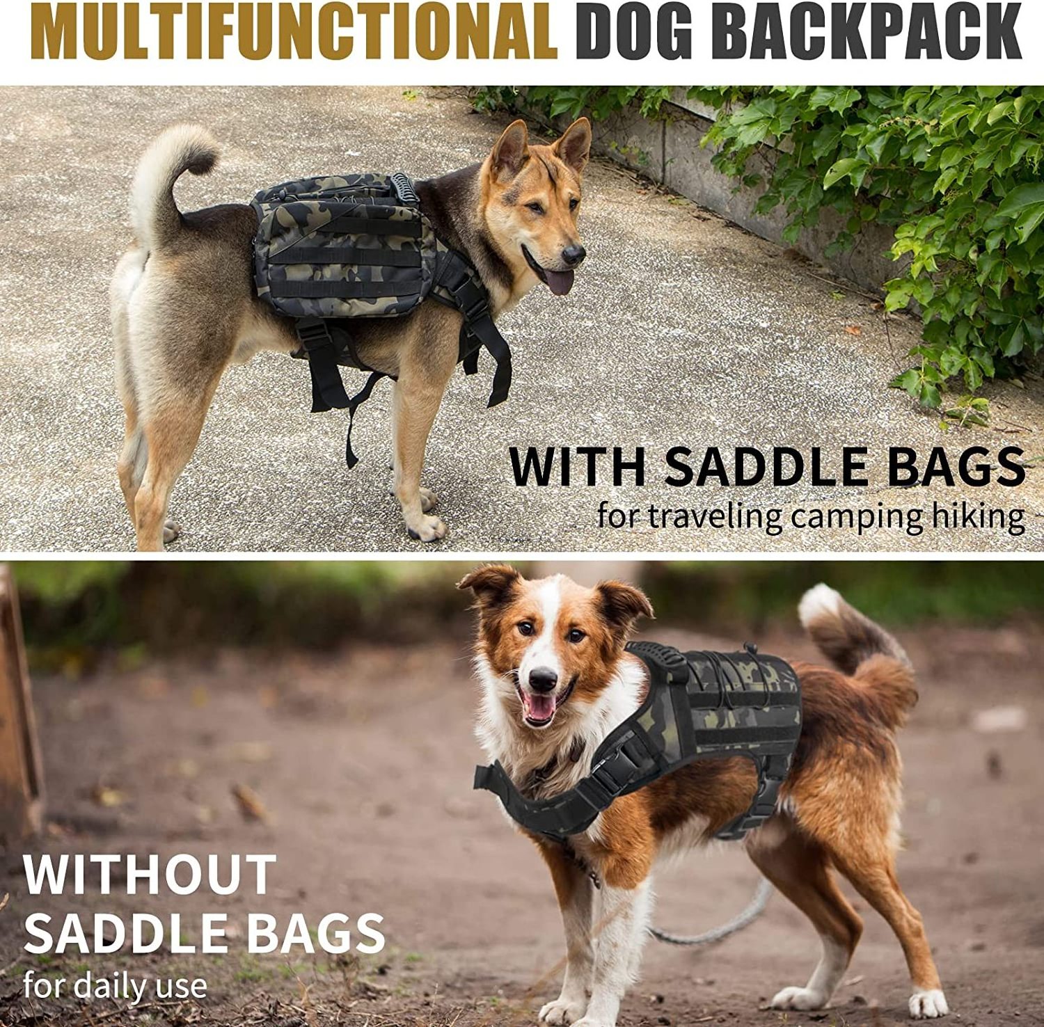 Traveling Camping Hiking Harness with Detachable Saddle Bag Backpack for Dogs to Wear