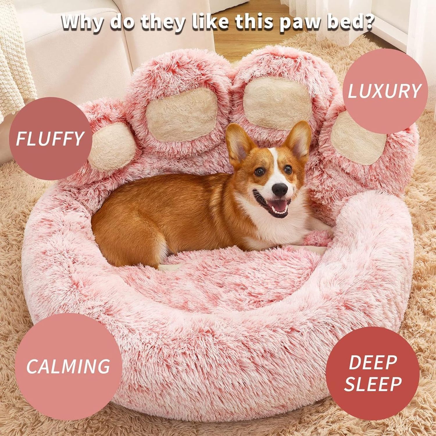 Calming Donut Dog Bed for Medium and Small Dog Pet Round Bed of Paw Shape Faux Fur Cat Bed