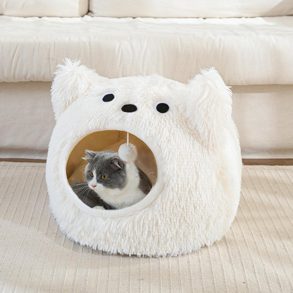 Plush Fluffy Hooded Anti-Anxiety Cozy Cuddler Luxury Anti-Slip Bottom Cat Beds