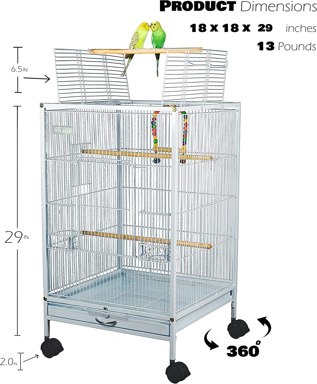 Wrought Iron Bird Cage 30 Inch with Rolling Stand Play Top and Bird Swing for Parrots Conure Lovebird Cockatiel Parakeets