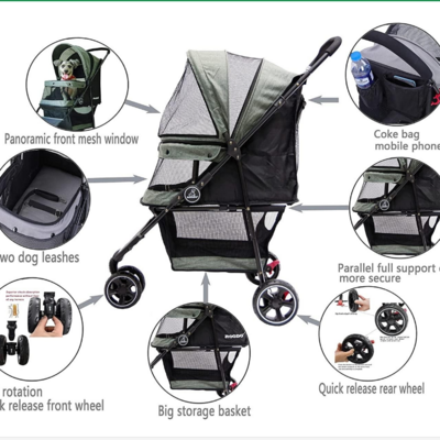 Dog Stroller Pet Stroller Lightweight Multifunctional Foldable Portable Three-Wheeled Pet Gear Puppy Travel Pram Stroller