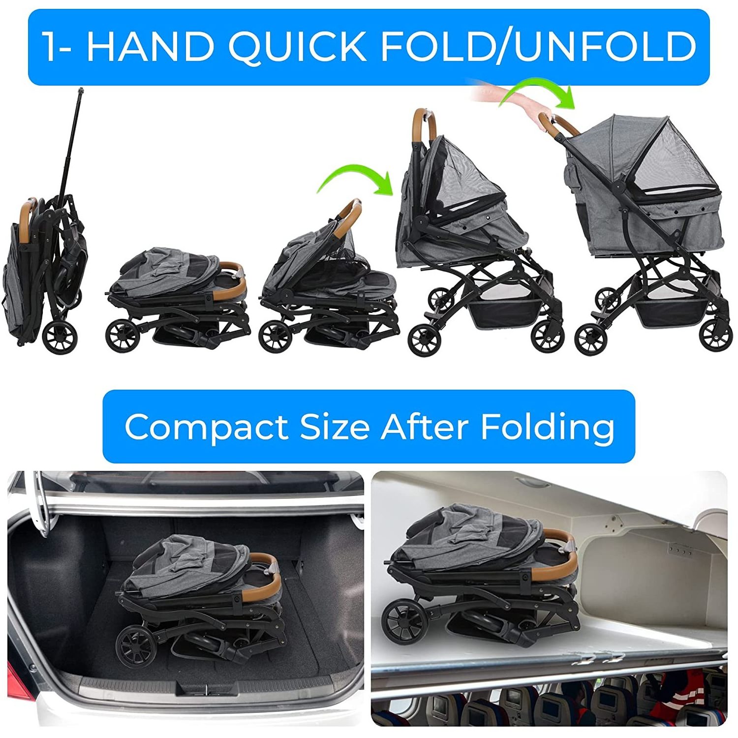 Travel Carrier Pet Stroller Easy One Click Folding Pull Behind Compact Design - Soft Ride Animal Wagon with Storage Pockets