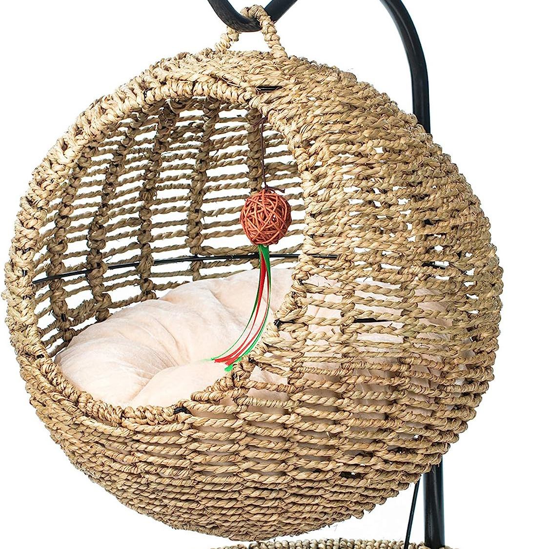 Hand Made Wicker Cat Bed Basket Swinging Pet House Nest for Small Dog Cat with Cushion