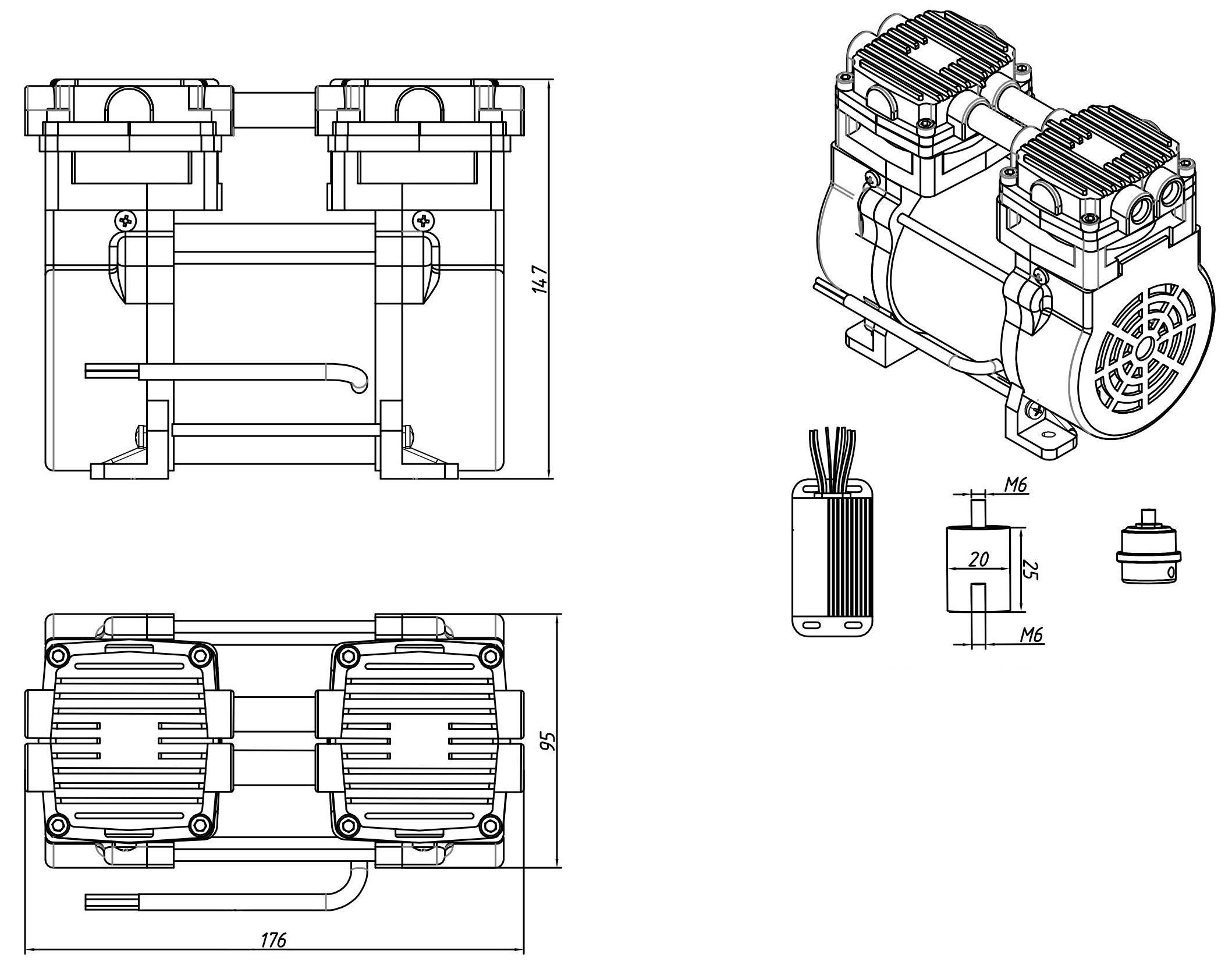 dc12V motor piston oil free air compressor pump 100W oil less air compressor 12v brushless dc pump pcp air compressor 12v