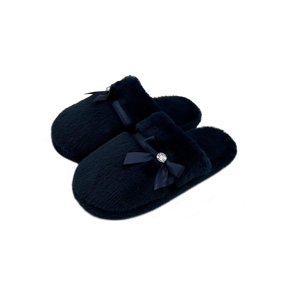 Wholesale High Quality Soft Faux Fur with Bow Fluffy Furry Closed Toe Decoration Ladies' Four Seasons Plush Home Slippers