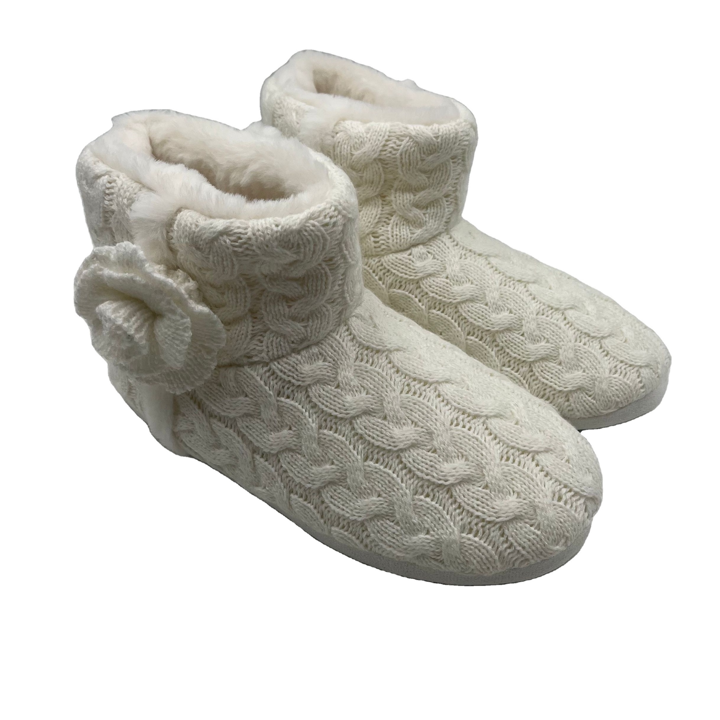 knitting flower decoration women home bedroom indoor boots with cable knit upper and warm fur lining