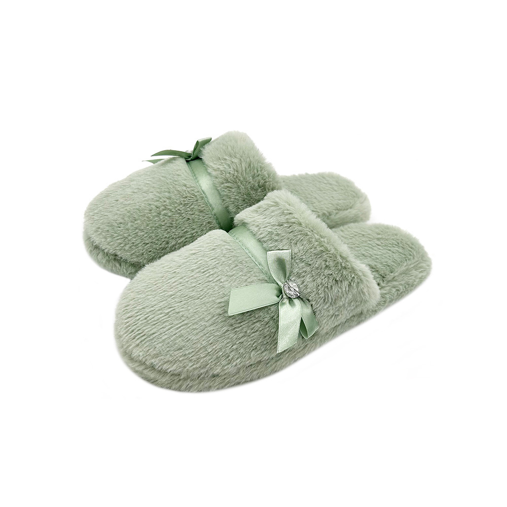 Wholesale High Quality Soft Faux Fur with Bow Fluffy Furry Closed Toe Decoration Ladies' Four Seasons Plush Home Slippers